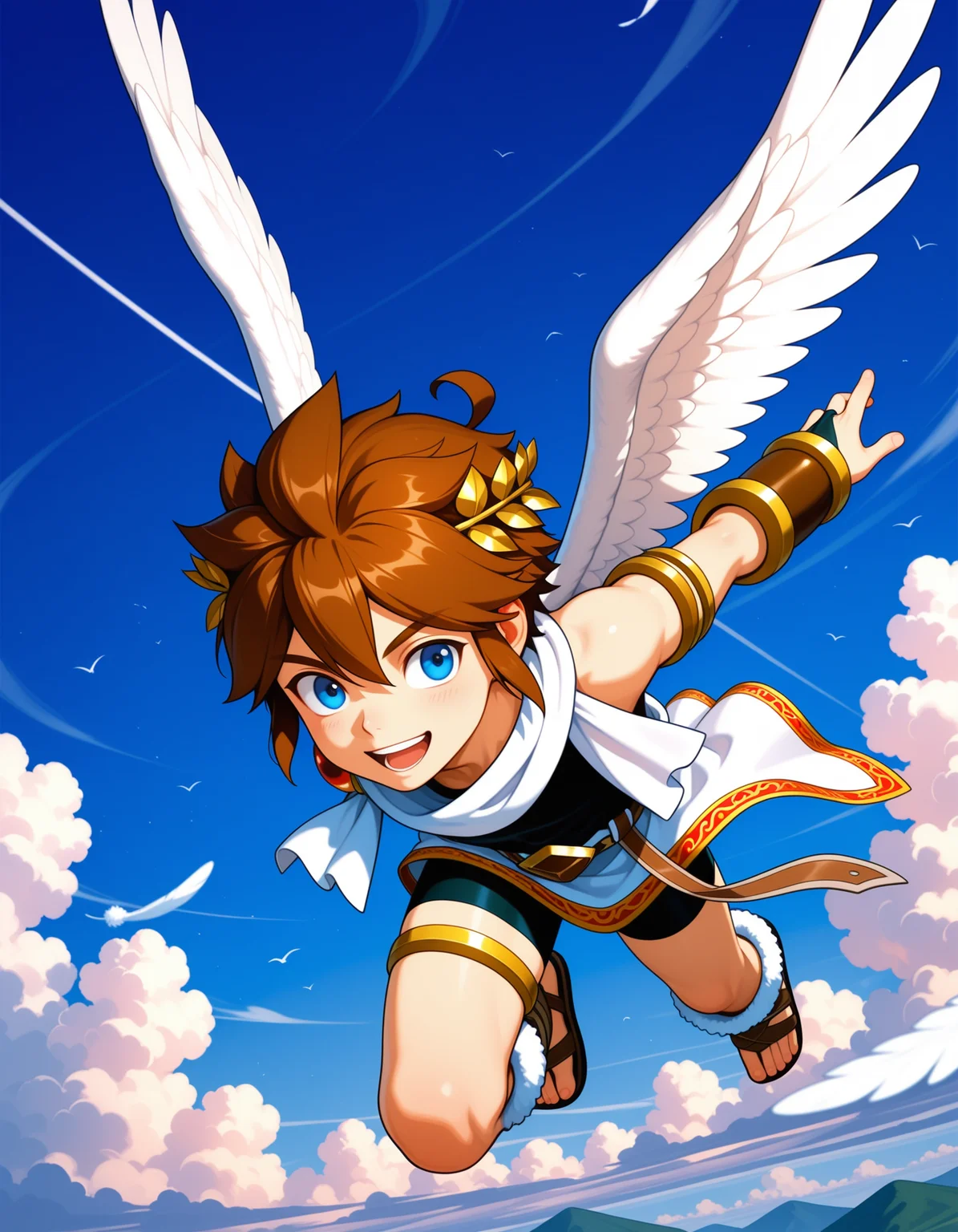 masterpiece,best quality,amazing quality,realistic
BREAK
dynamic angle, dynamic pose,kid_icarus,1 boy,,air, clear sky, clouds, flight,smile,open mouth,angel wings,white wings,brown hair,short hair,sidelocks,ahoge,laurel crown,blue eyes,white scarf,red shoulder brooch,single bare shoulder,ancient greek clothes,white toga,black undershirt,brown belt,brown belt buckle,red trim,bike shorts,bracer,bridal gauntlets,fur-trimmed boots,sandals,toes,single gold thighlet
BREAK
<lora:kid_icarus_ill:1>