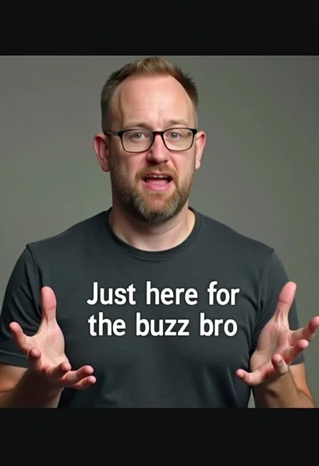 Photo of a generic white man shrugging. Text on screen "Just here for the buzz bro"