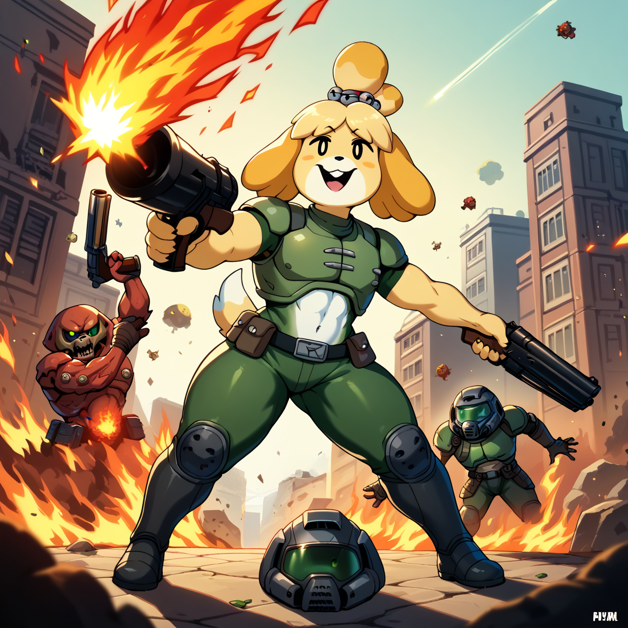 score_9,score_8_up,score_7_up,score_6_up,score_5_up,score_4_up BREAK holding shotguns,1girl,isabelle \(animal crossing\),happy,thick thighs,furry,doom \(series\),fire,explosions,demons,shotgun,cover page,city,<lora:doomguy-v1_pdxl:0.8>,male,doomguy,1boy,armor,helmet,