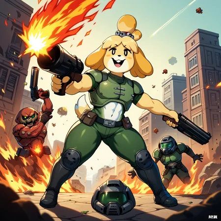 score_9,score_8_up,score_7_up,score_6_up,score_5_up,score_4_up BREAK holding shotguns,1girl,isabelle \(animal crossing\),happy,thick thighs,furry,doom \(series\),fire,explosions,demons,shotgun,cover page,city,<lora:doomguy-v1_pdxl:0.8>,male,doomguy,1boy,armor,helmet,