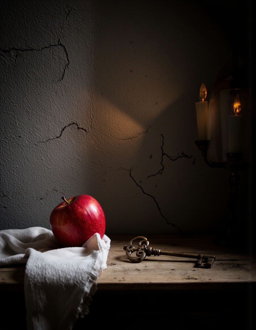 Rembrandt Lighting. A photo-realistic still life shoot from a close-up camera angle about a still life scene featuring a red apple and a vintage key on a wooden surface against a dark, textured wall with a soft, smoky light source illuminating the scene. on the right side of the image, a single red apple is placed on a rustic wooden surface, with a white cloth draped over it. the apple is the main focus, positioned in the center of the frame, and the key is placed to the left of it, casting a warm, ethereal glow on the dark stone wall behind it, creating a moody atmosphere. the background is a textured, dark grey wall with visible cracks and scratches, giving off a sense of depth and texture. the overall effect is one of still life and still life, with the focus being on the apple and the old, vintage key.