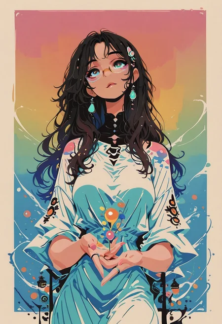 masterpiece, high quality, highres, flat colors, gradient, retro colors, sketch, ink splash, rings, abstract, dynamic angle, cinematic, detailed_hands, elegant_fingers, beautiful_feet,
1girl, solo, pin up, dark hair, long hair, glasses, makeup, hair ornament,
summer dress
closeup, portrait, outside border