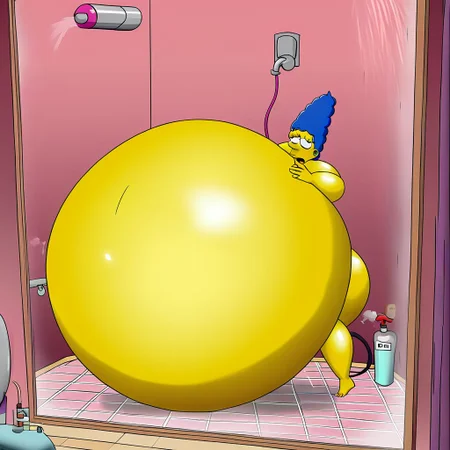 belly size bigger than main body)), (gigantic belly:2.0), goddess, shower, bathroom, cute, nervous, shy, heavy breathing, in heat, open mouth, aroused, hands on belly, hose leading into butt from air pump on ground, huge Belly press on mirror, marge simpson, blue hair, yellow skin