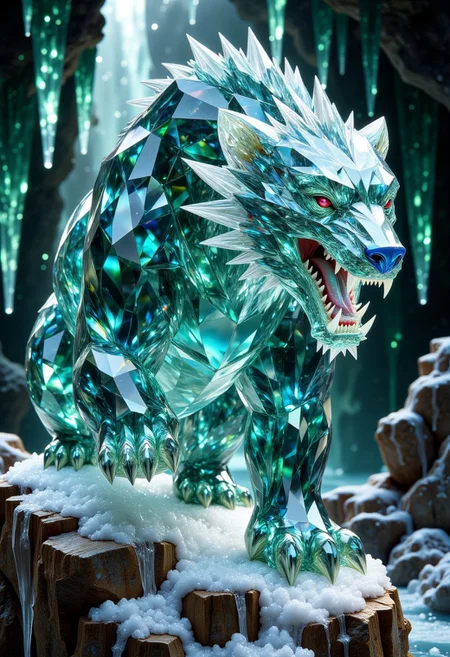 FluxEpicDragon, a crystalline bear made of cut aqua emeralds and blue diamond gemstones with subsurface scattering and light transmission, with a small head, in a beastly stance, roaring shockwave with large crystal fangs, monstrous and colossal, jagged gemstone fur, inside a greenish ice cavern with greenish ice stalactites