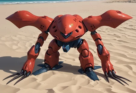 score_9, score_8_up, score_7_up, source_anime, front view, BREAK, ( hygogg, red_hygogg_armor, red hygogg, pink monoeye, looking at viewer, leaning forward, long arms, very long arms, long claws) 1mech, red mech, wide mech, large shoulders, large shoulder armor, mech focus, solo, BREAK, on beach, waving,