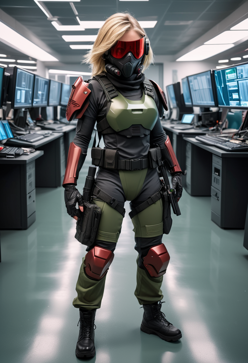 (medium full shot) of (strategic futuristic soldier) young woman, willowy build, medium blonde hair, mexican, ebony skin, olive green eyes, wearing a stealth helmet with integrated mask, Titanium red plated chest armor with energy core, reinforced combat pants, combat boots, (wielding a  pulse pistol), energy blade gauntlets equipped with a tactical backpack, set in  Surveillance Hub, Cold, sterile room filled with banks of monitors displaying live feeds from security cameras, a lone operator at a console surrounded by blinking lights and control panels, the faint whirring of ventilation fans, the ever-present sense of being watched , at sunset, ,Masterpiece,best quality, raw photo, realistic, very aesthetic