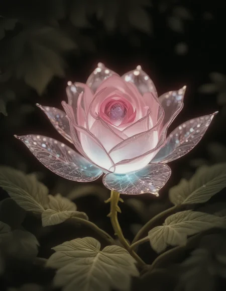 <lora:illustriousXLv01_stabilizer_v1.165c:0.8>a ice rose,close-up,light particles,transparent,leaf,dark,Iridescent light,masterpiece,depth of field,