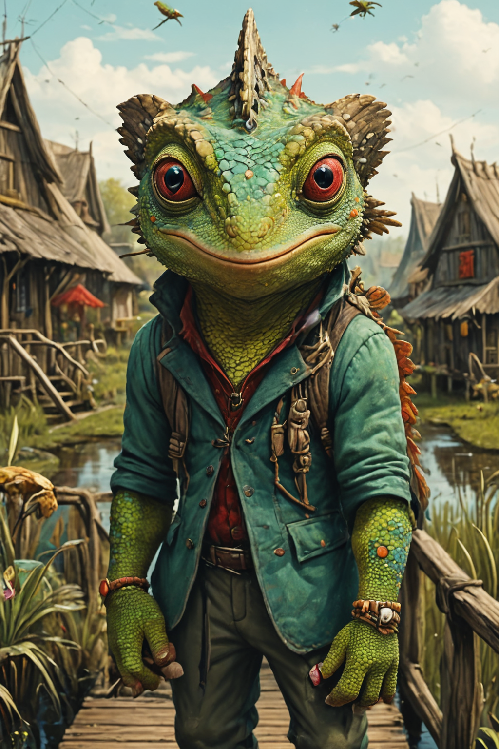 Detailed digital portrait of an anthro Chameleon at a Marshland village with wooden walkways, <lora:xl_more_art-full_v1:0.5>,  <lora:The_Crazy_Style:0.7> <lora:anthro_muscular:0.7>