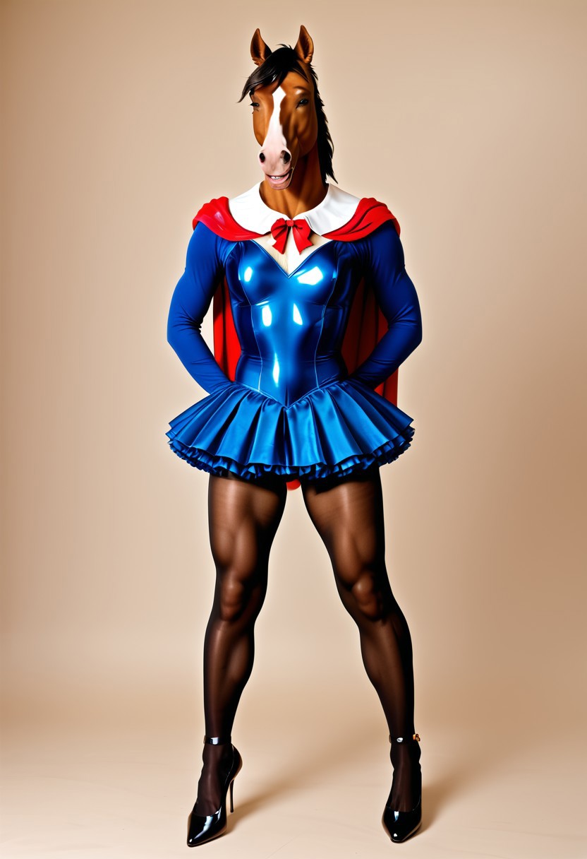 Furry, equine, daddy, tall, muscle, effeminate, sissy, discrete bulge, crinoline, ballet, gold, tutu, crossdresser, transvestite, pantyhose, petticoats, graceful, sensual, pretty, delicate, cute, brown, pleated skirt, leotard, long-sleeve bodysuit, satin cape, knee-high leather riding boots, full body, no background, smiling, traditional, HD, hyper realistic, Ue5