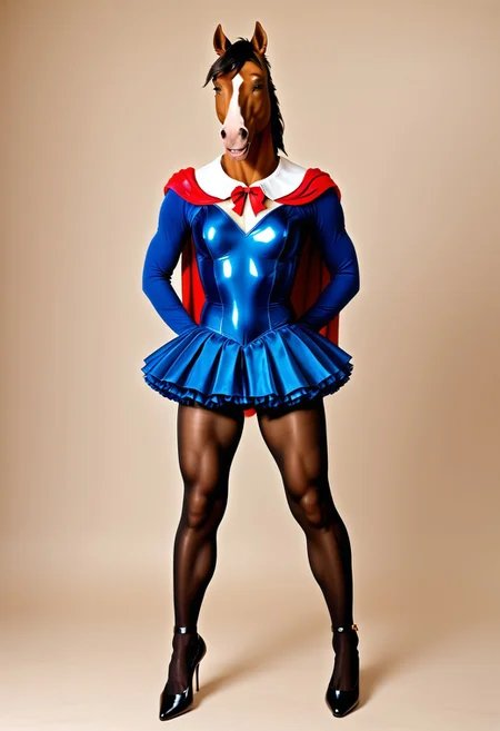 Furry, equine, daddy, tall, muscle, effeminate, sissy, discrete bulge, crinoline, ballet, gold, tutu, crossdresser, transvestite, pantyhose, petticoats, graceful, sensual, pretty, delicate, cute, brown, pleated skirt, leotard, long-sleeve bodysuit, satin cape, knee-high leather riding boots, full body, no background, smiling, traditional, HD, hyper realistic, Ue5
