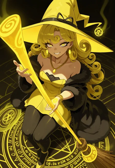 very awa, masterpiece \(quality\), year2024, year2023, West Studio, (vibrant colors), (high contrast:1.3), masterworks, best quality, amazing quality, very aesthetic, absurdres, (detailed eyes:1.5), expressive face, anime studio, anime art, (good hands:1.3), (better hands:1.3), (perfect hands:1.3), (dutch angles), from above view, ((looking towards viewers)), overview, BYQJ, long eyelashes, expressive eyes, perfect eyes, no outline, haiz_ai, no lineart, taro, tarot, ((the chariot)), ((vii)), colorful, full color:1.3,
solo, female, (mature), yellow eyes, yellow hair, long hair, curly hair, side bangs hair, small-medium breasts, grin smile,
yellow witch hat with black ribbon, yellow minidress, bare shoulders, strapless, gold earrings, gold necklace, gold bracelets, black fur coat, pantyhose, yellow heels,
(conjuring yellow magic on her hand:1.5), (broom ridding pose:1.5), (side saddle pose:1.3), (sitting on the flyingbroom:1.5), (flying:1.3), (floating:1.3), mid air:1.3, (yellow magic circles forming around her:1.5), (intricate details and patterns on the magic circle:1.5)
abstract background, magical theme, magical background,