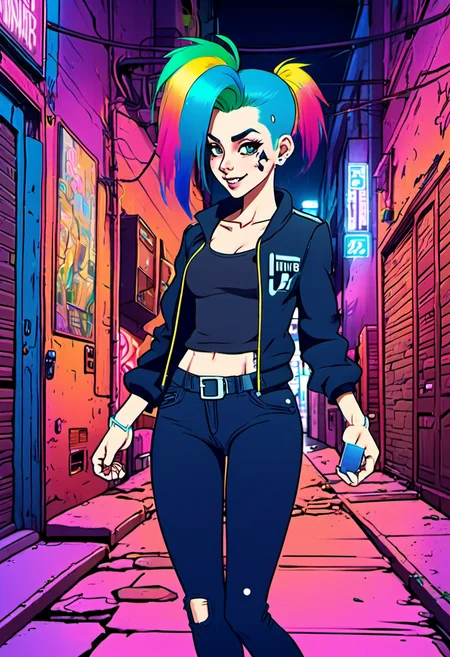 <lora:InfiniteTina:.6> A 25-year-old InfiniteTina with rainbow hair evading capture in a neon-lit cyberpunk alleyway while dressed in a skintight blue jumpsuit.