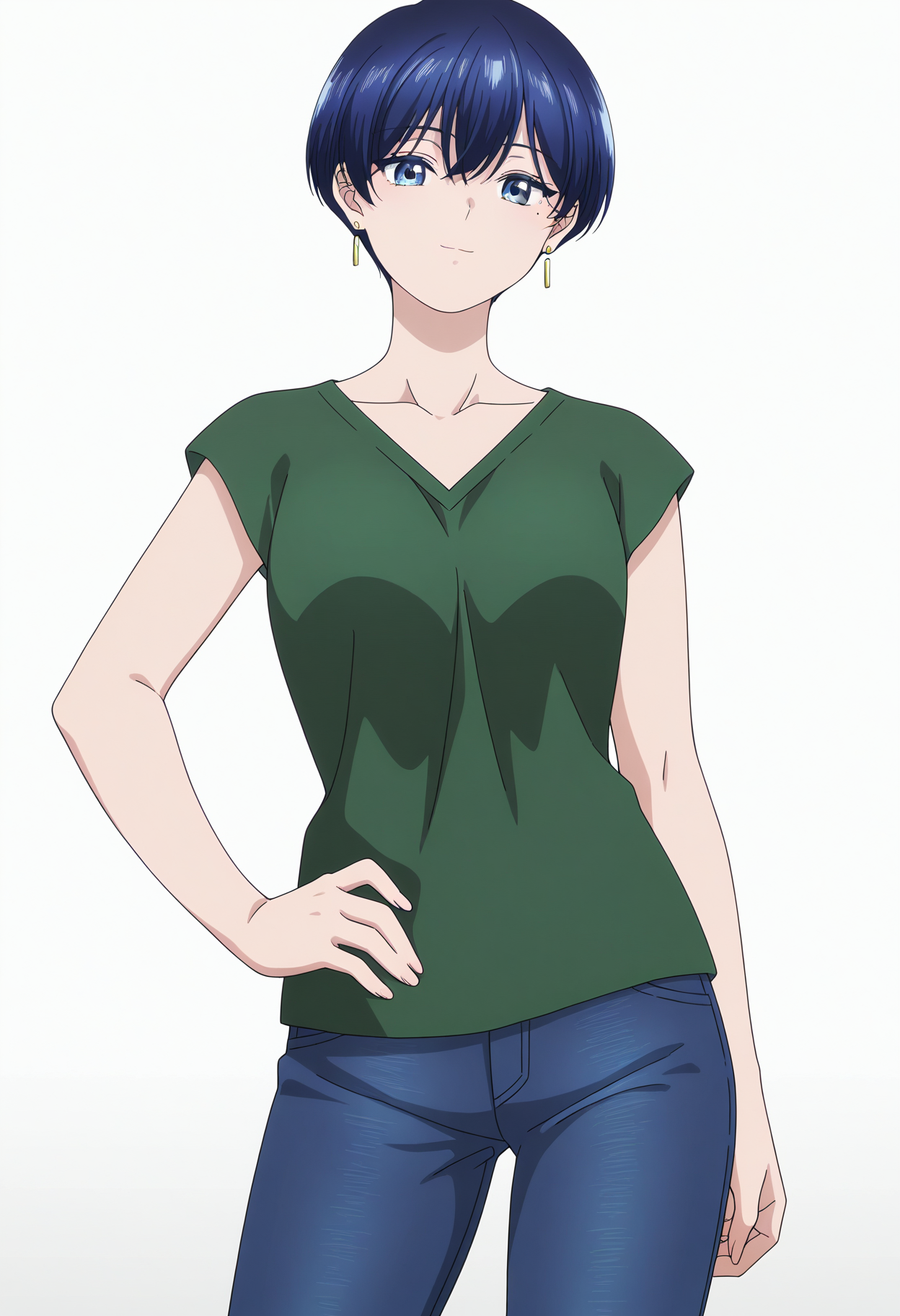 masterpiece, best quality,  absurdres, highres, 1girl,  <lora:anime_screencap:1>, anime screencap, anime coloring,  <lora:fuji:1>, fujiwz, very short hair, blue hair, hair between eyes,  blue eyes, mole, mole under eye, earrings, collarbone, green shirt, short sleeves, blue jeans, hand on own hips, light smile, looking at viewer, contrapposto, simple background, white background,