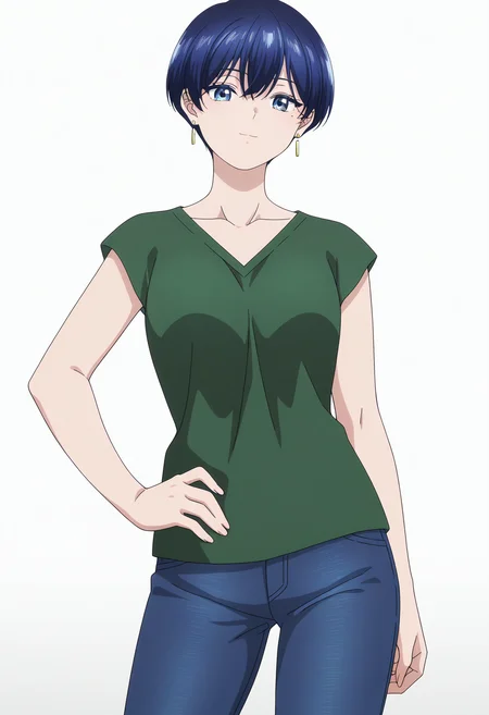 masterpiece, best quality,  absurdres, highres, 1girl,  <lora:anime_screencap:1>, anime screencap, anime coloring,  <lora:fuji:1>, fujiwz, very short hair, blue hair, hair between eyes,  blue eyes, mole, mole under eye, earrings, collarbone, green shirt, short sleeves, blue jeans, hand on own hips, light smile, looking at viewer, contrapposto, simple background, white background,