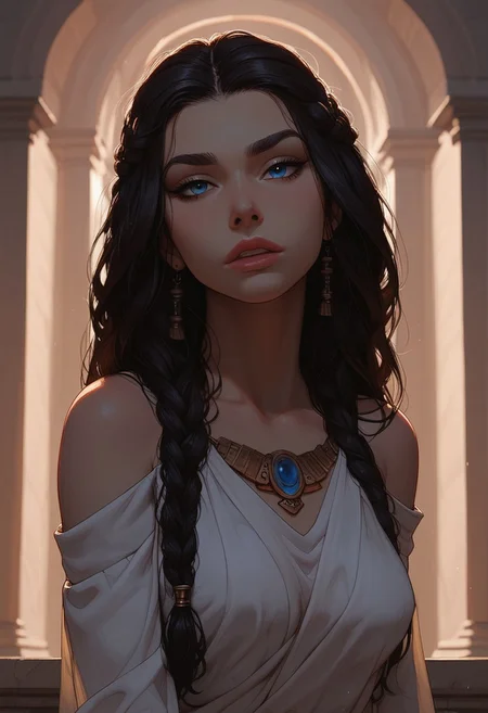 (score_9, score_8_up, score_7_up). ( line work, excellent drawing, highest quality, extremely detailed:1.2). 1woman, Greek Goddess Hera, perfect face, beautiful blue eyes, long lashes, dark hair, princess braid, glossy lips, ancient greek dress, g0thicPXL, romantic, cinematic lighting, volumetric lighting, motion effects, source_cartoon