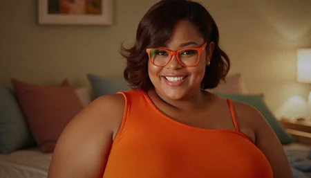 4k, RAW photo, best quality, masterpiece:1.2), ultra high res, (photo realistic:1.2), High detail RAW color photo, (realistic, photo realistic:1.4), ((best quality)), black asian woman ((mature 29 year old woman)). 1girl,  plump curvy body, perfect cute face, thick thighs, orange-framed eyewear, glasses, short brown hair, teeth, uncensored, army green eyes eyes, smile, looking at viewer, body facing viewer, bedroom background, wearing a orange:1.2 skin tight jumpsuit