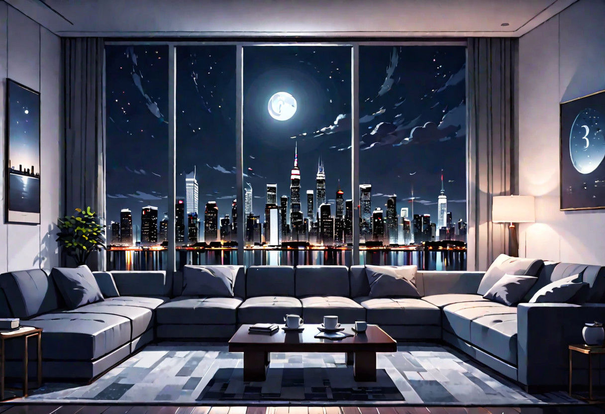 ((front view)), Shallow scene, (((animation style))), (night), modern-style interior, with white walls, (large windows), a  study, Sofa, coffee table, bookcase, single wall, ((dark room)), strong shadow, quiet and mysterious night sky, starry sky, moonlight, city night view, (City high-rise building scenery), (City scenery outside the window)