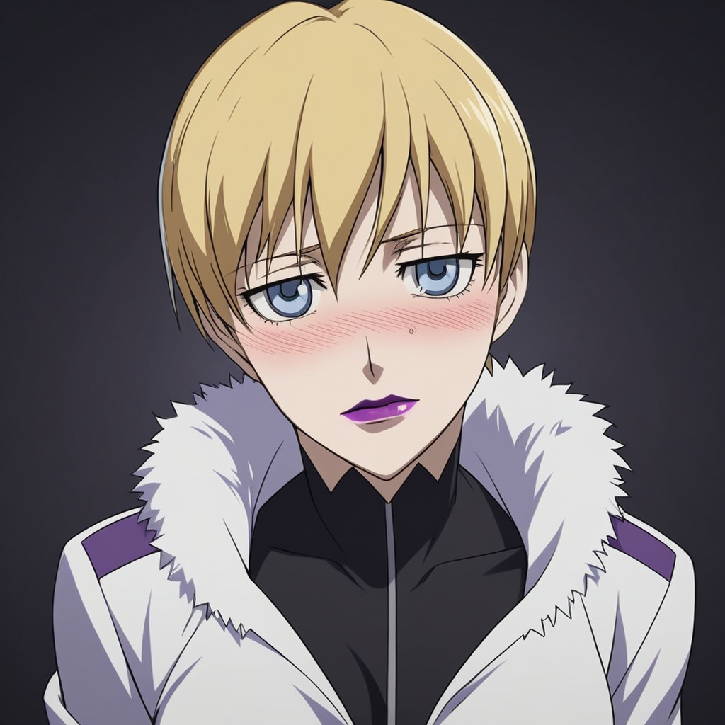 score_9, score_8_up, score_7_up, source_anime, expressive, anime, Artist speedlines, dynamic, D4RK3RTH4NBL4CK, DTB_Style, 1woman, (brita_(darker_than_black):1.2), long_hair, blonde_hair, blue eyes, purple_lips, naked_jacket ,looking at viewer, facing viewer, revealing clothes, convenient_censoring, bare_legs, high_heels, blush, blushing, embarrassed, dark background, Artist style:komori_takahiro