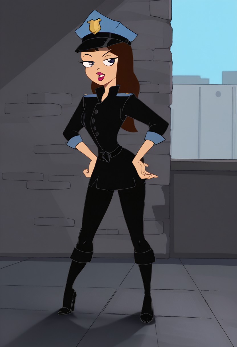 VanDoof,solo, black jacket, black pants, blue police hat, seductive pose, hips