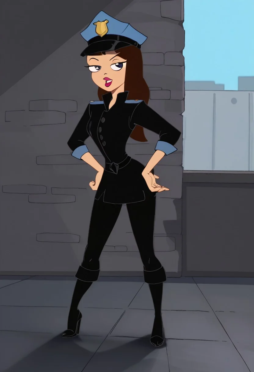 VanDoof,solo, black jacket, black pants, blue police hat, seductive pose, hips