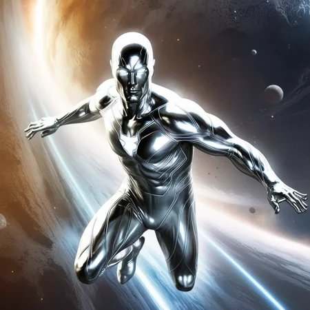 concept art of <lora:comic book magazine:1>
silver surfer a man in a silver suit with white eyes running through space comic book magazine style, digital artwork, illustrative, painterly, matte painting, highly detailed