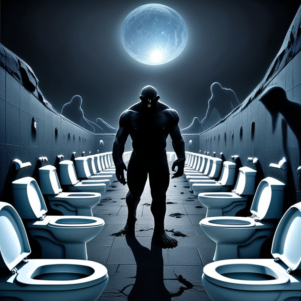 grainy photograph, lunar surface, cosmic horror, public toilets setting, many public toilets, long line of toilets, sinks, mirrors, moonrock, creepy silhouettes, 1boy, muscular, inhuman, terrible evil silhouetted creature