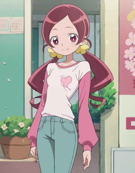 score_9, score_8_up, score_7_up,1girl,solo, anime screencap,hanasakitsubomi, 1girl,shirt,pink sleeve,pants ,cowboy shot,low twin tails,long hair,looking at viewer,smile,blush,small breasts,<lora:hanasakitsubomi:0.8>