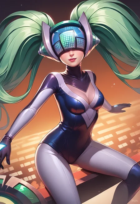 score_9, score_8_up, score_7_up,score_6_up, source_anime,
BREAK
bluesona, 1girl, bodysuit, blue helmet,green hair, twintails,  <lora:DJsona-07:1>