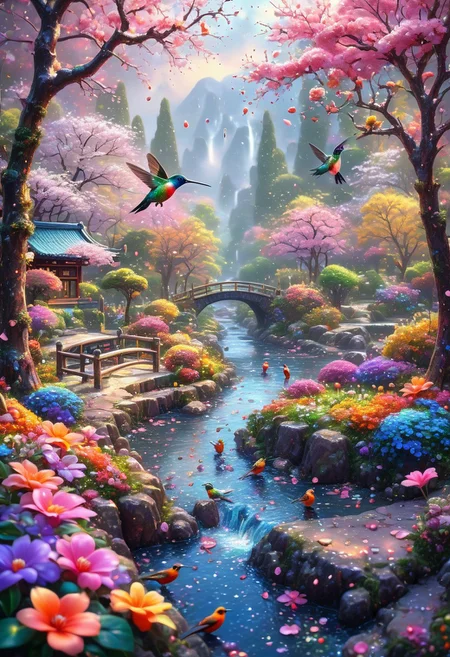 a realistic landscape. Japanese park. trees with petals. small river. birds. kolibri in background. flowers. sun
perfection style, vivid colors, colorful, Thomas Kinkade style, Colorful Chaos Cracks and Drops