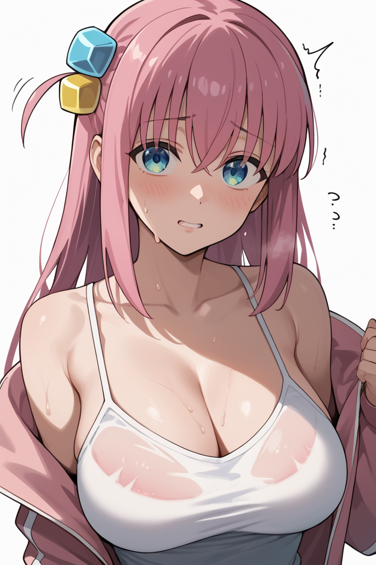 score_9,score_8_up,score_7_up,score_6_up,
source anime,masterpiece,best quality,ultra detailed eyes,BREAK,
1girl, breasts, gotoh hitori, bocchi the rock!, cube hair ornament, hair ornament, jacket, pink hair, large breasts, pink jacket, solo, long hair, blush, blue eyes, sweat, collarbone, open jacket, track jacket, open clothes, hair between eyes, white camisole, long sleeves, trembling, upper body, one side up, cleavage, shirt, parted lips, camisole, tank top, see-through, sweaty clothes, simple background, looking at viewer,