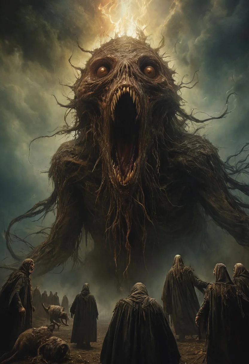 dream liminal space, strange land, abstract, folk horror, movie and character design, moody, (giant strange warped creature:1.2),giant,skinny,bird-like,ready for attack,screaming in rage, torches, flock of crows, gothic post-apocalyptic impressionism,mysterious,paranormal, Ivan Albright,Dragan bibin,nicola samori,Odd Nerdrum, Agostino Arrivabene,Daniele Valeriani,looking up from below, (gopro shot:1.5),fisheye,dramatic angle,eerie,eldritch, unsettling, creepy, suspenseful, grim, highly detailed,dread atmosphere,terror,primal fear,worst nightmare,abomination