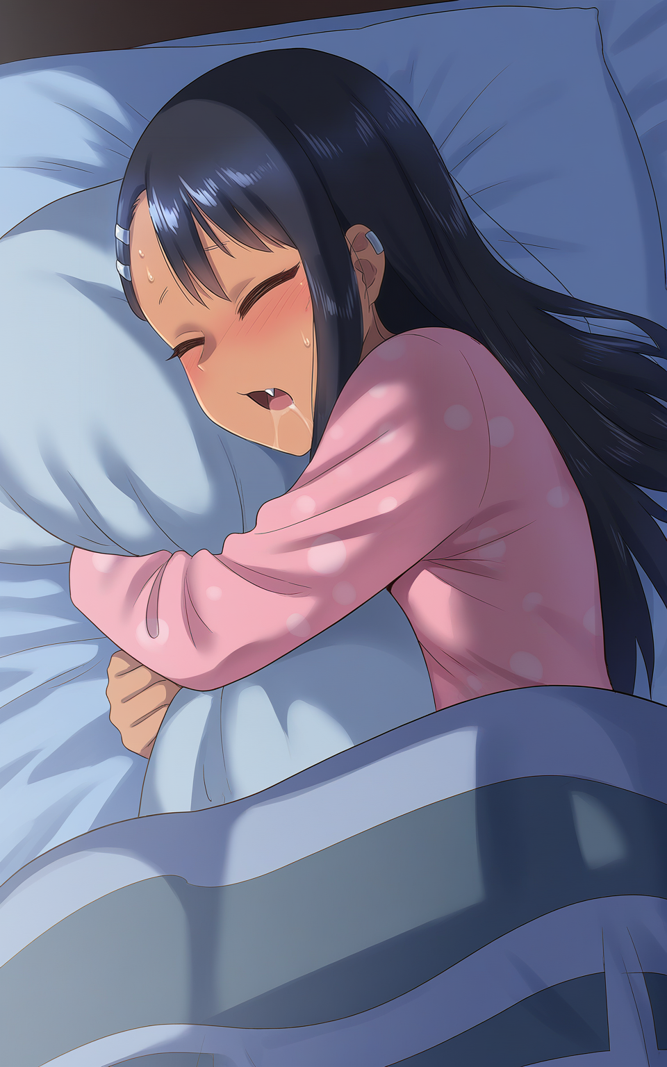 masterpiece, best quality, very awa, highres, absurdres, sweat, blush,
<lora:Zheng v1 - NoobAI 0.75 V-Pred - Final:1>
1girl, solo, nagatoro hayase, black hair, hairclip, saliva, black hair, on bed, bed, indoors, blanket, solo, pajamas, under covers, grey blanket, pink pajamas, pillow, night, hands up, sleeping, closed eyes, on side, pillow hug, open mouth, fang