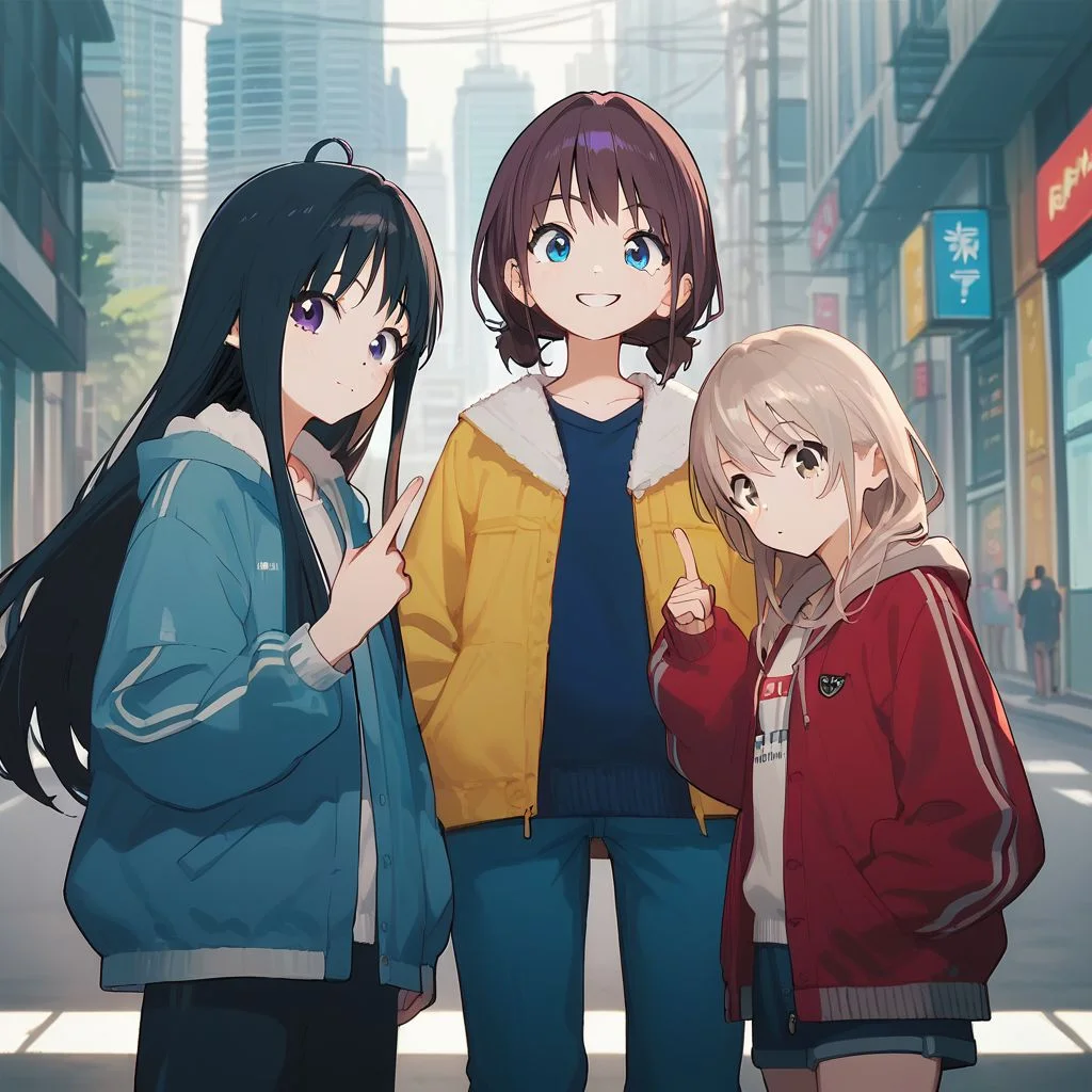 score_9,score_8_up,score_7_up,score_6_up,3girls,city,looking at viewer,standing,
BREAK subaru awa,black hair,long hair,ahoge,purple eyes,blunt bangs,1girl,
BREAK nina iseri,brown hair,blue eyes,1girl,middle_finger,smile,
BREAK momoka kawaragi,long hair,1girl,<lora:PONY_character_gbc-000006:1>,