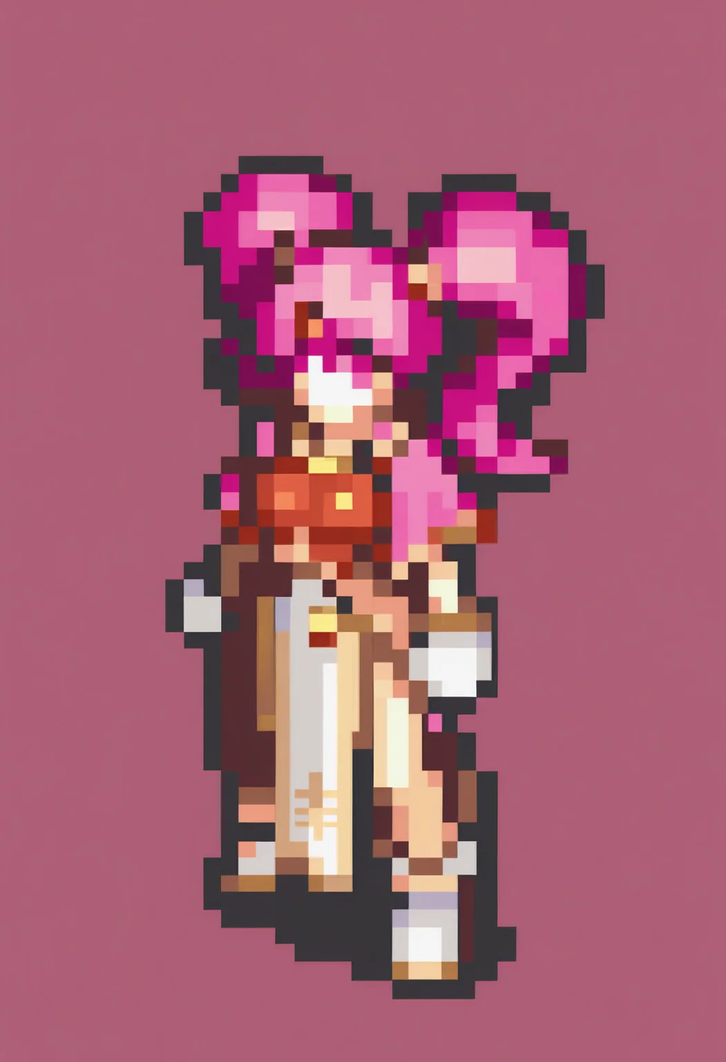 masterpiece, best quality, solo, 1girl, looking at viewer, <lora:Mae-illus_Fp:1>, maefe, twintails, pink hair, pink eyes, long hair, circlet, armor, breastplate, capelet, pelvic curtain, white gloves, <lora:FEGBA-Sprites-illus_Fp:1>, simple background, pixel art, full body,