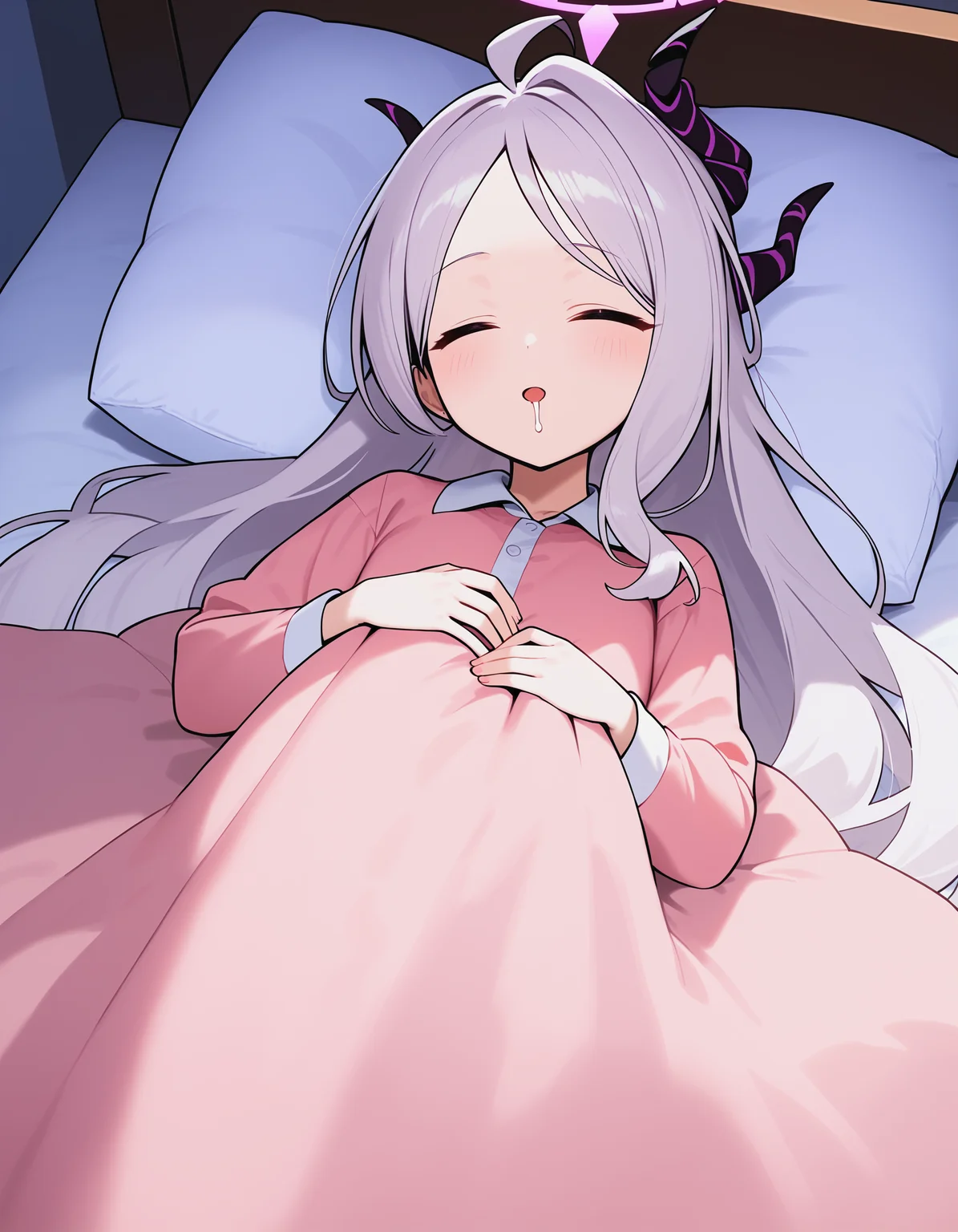score_9, score_8_up, score_7_up, score_6_up, score_5_up, score_4_up, source_anime,
hina-pajamas, hina \(blue archive\),purple eyes, long hair, horn, low wings, pink pajamas,<lora:hina-pajamas_blue archive_PONY_last:0.75>
(parted lips), drooling,
(futon, pillow, closed eyes, bed, sleeping, lying, under covers, blanket),
<lora:kakebuton_SDXL_V1:1>