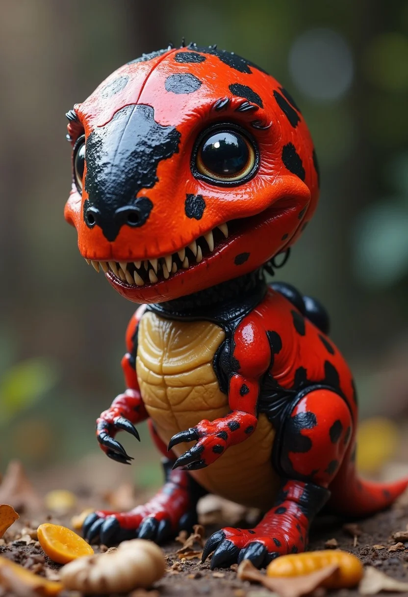 Envision a cute chimera, ladybug-rex. an uncanny blend of a ladybug and a T-Rex, Embodying the strange beauty of undiscovered biodiversity, colored mostly red and black