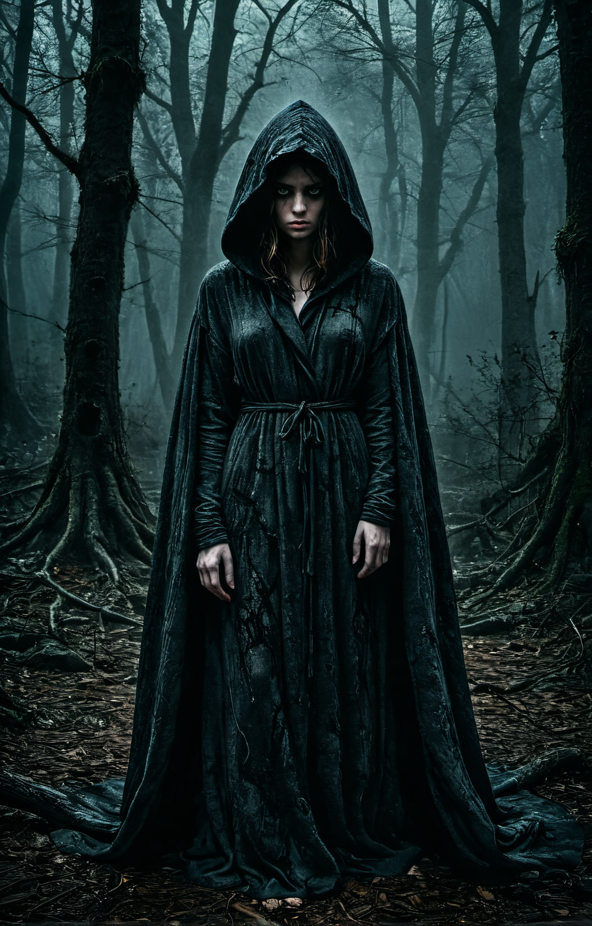 Horror-themed create an award-winning photograph of a young woman exploring an original and unconventional theme that captivates and amazes the viewer. hooded robe,evil woods,dark,Push boundaries of traditional concepts,infusing the image with creativity and wonder,leaving a lasting impression on those who behold it.,absurdres,intricately detailed,32K, glow effects, godrays, Hand drawn, render, 8k, octane render, cinema 4d, blender, dark, atmospheric 8k ultra detailed, cinematic, Sharp focus, big depth of field, Masterpiece, 3d octane render, 8k, concept art, trending on artstation, hyperrealistic, extremely detailed CG unity 8k wallpaper, trending on CGSociety, Intricate, High Detail, dramatic . Eerie, unsettling, dark, spooky, suspenseful, grim, highly detailed