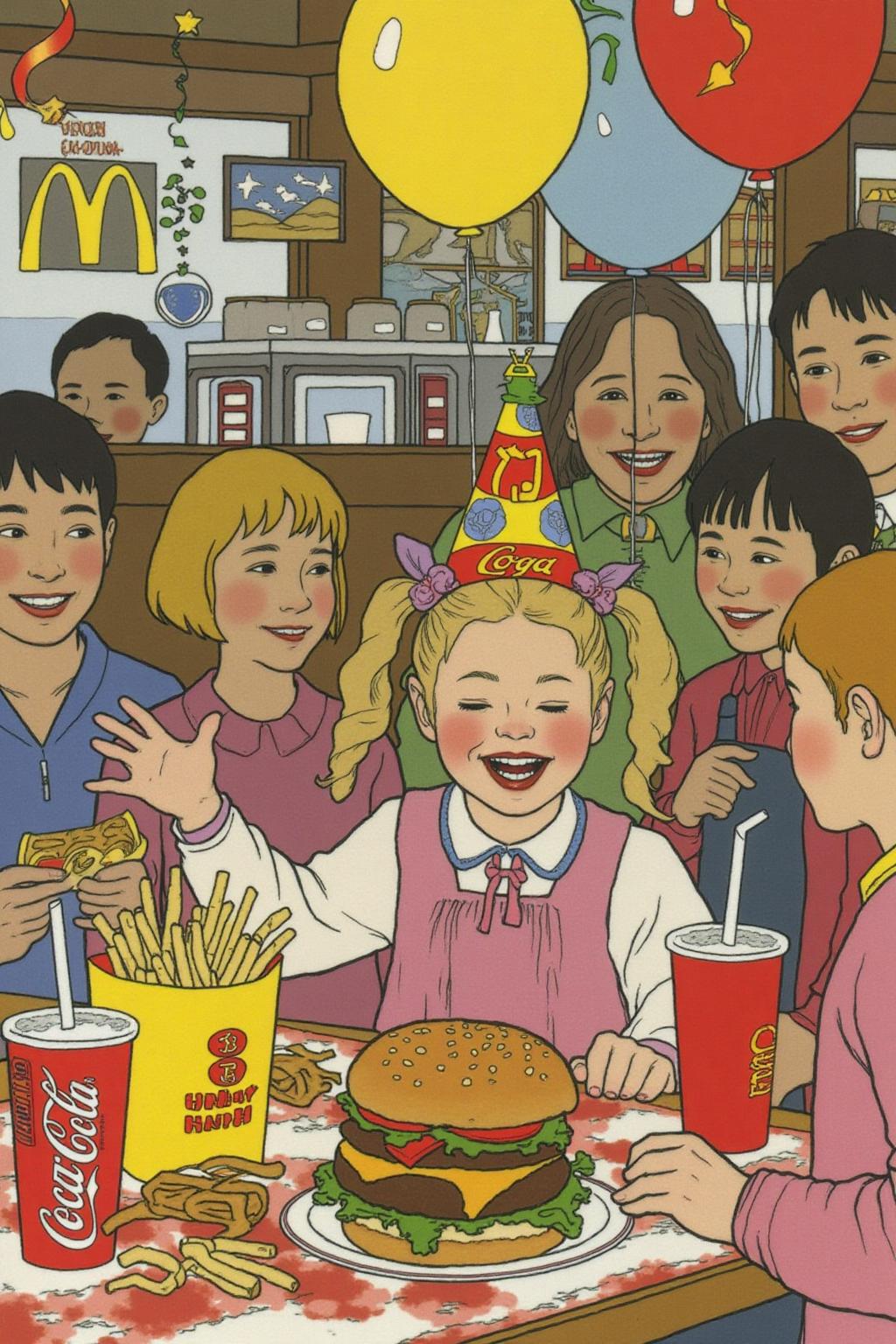 ivanbilibin1 illustration. 
dulac1 illustration. A four-year-old girl with twin pigtails is celebrating her birthday at McDonald's, a place that feels like a magical playground for children. The joy on her face is unmistakable as she sits at a table set with a colorful array of items: crispy McDonald's fries in a bright yellow packet, a refreshing cup of Coca-Cola, and a juicy hamburger wrapped in its iconic packaging. Her pigtails bounce playfully as she moves, adding to the lively atmosphere. The table is also adorned with festive decorations, including balloons and streamers that match the vibrant McDonald's red and yellow color scheme. Family members gather around, their smiles reflecting the warmth and love of the occasion. The lighting inside the restaurant is soft yet bright, creating a welcoming environment that highlights the happiness of the moment. This scene captures the pure delight and excitement of a young child's birthday celebration, set against the backdrop of a beloved fast-food chain, where simple pleasures bring immense joy <lora:dulac2_cap_d6a3e15:1.0><lora:816566307949627349:0>
  <lora:ivanbilibin1_cap_d6a3:1.0><lora:835909534980659452:0>