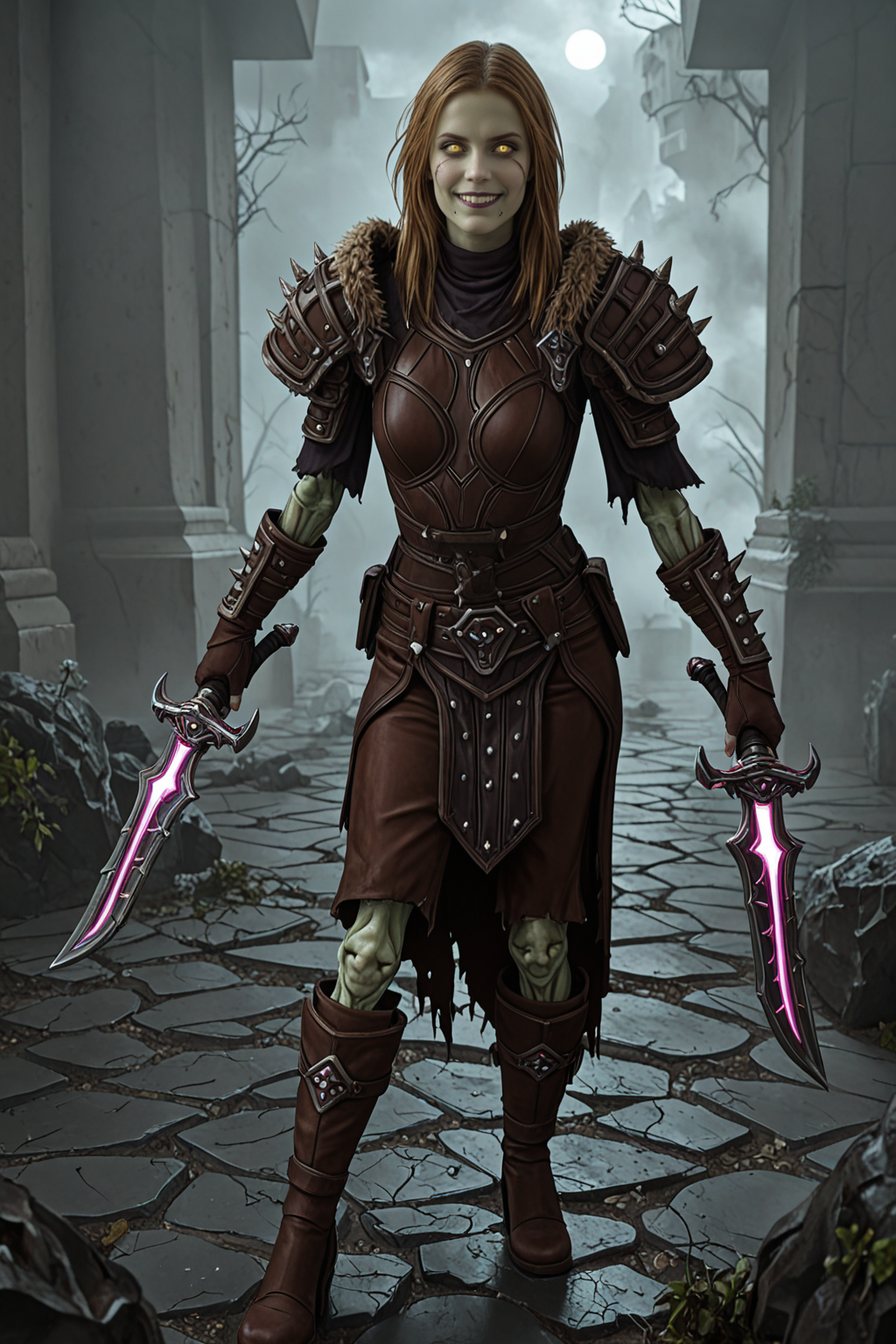 masterpiece, good quality, best quality, very awa, very as2, absurdres, highres, 3d
 <lora:Lilian VossilluLoRA:1>LilVoss, grey skin, zombie, colored skin, undead, long hair, middle parting hair, joints, glowing eyes, brown pauldrons, Stitches, top, brown vambraces, brown gloves, Spikes, shoes, fur trim, brown pelvic curtain, brown pants, stitched mouth, scars, holding dagger, dual wielding glowing eyes, yellow eyes,grin