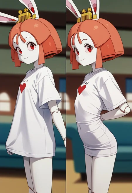 1girl, solo, (Tokugawa Usako, rabbit girl, white skin, ((android)), doll joints, petite, skinny:1.3), score_9, score_8_up, score_7_up, score_6_up, score_5_up, score_4_up, chibi, short legs, rabbit tall, slightly smil, small breasts, thin waist, smile, red eyes, blurry background, out of focus, Expressiveh, looks at the viewer, pajchall, multiple views, t-shirt, arms behind back, 3/4 side view