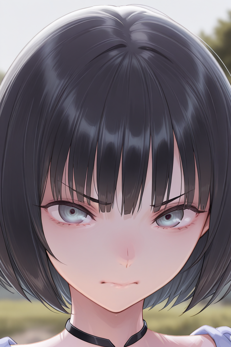 masterpiece, best quality, amazing quality,
<lora:Uta_IL:1> uta, solo, looking at viewer, black hair, portrait, short hair, blurry background, blurry, closed mouth, choker, grey eyes, bangs, close-up, bob cut, outdoors, angry look