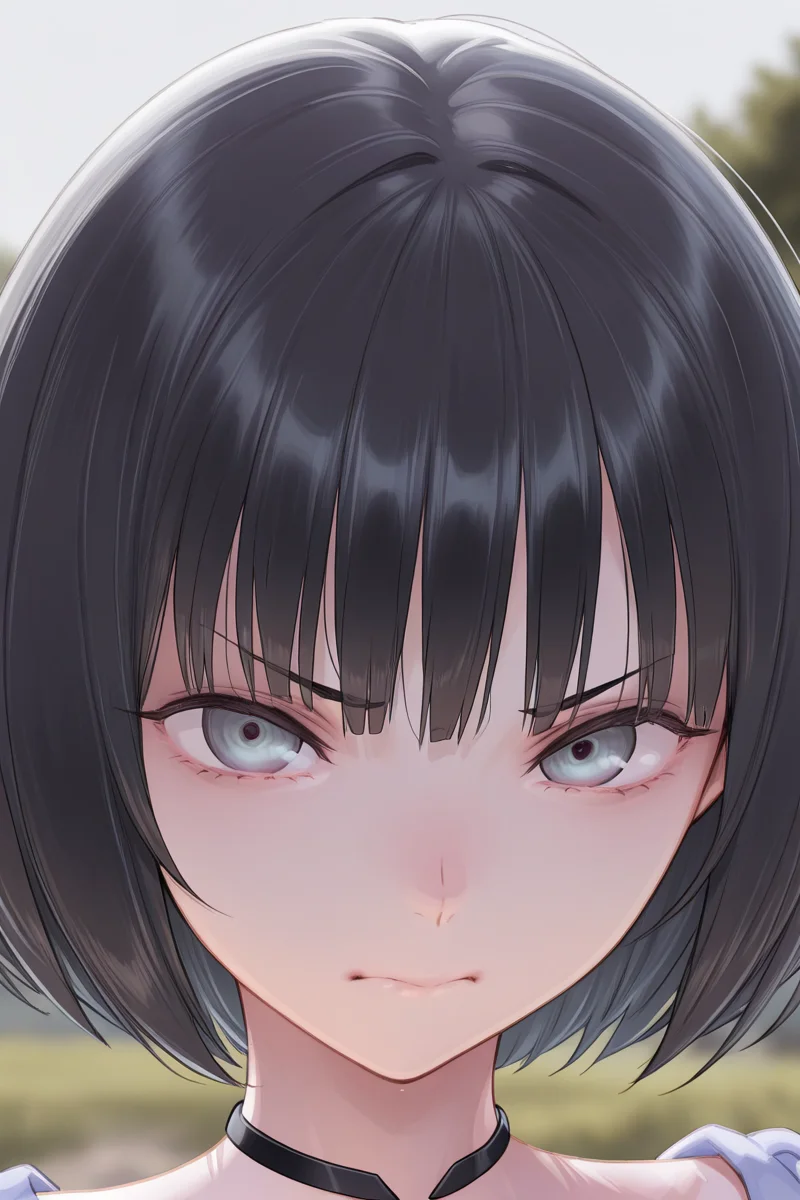 masterpiece, best quality, amazing quality,
<lora:Uta_IL:1> uta, solo, looking at viewer, black hair, portrait, short hair, blurry background, blurry, closed mouth, choker, grey eyes, bangs, close-up, bob cut, outdoors, angry look