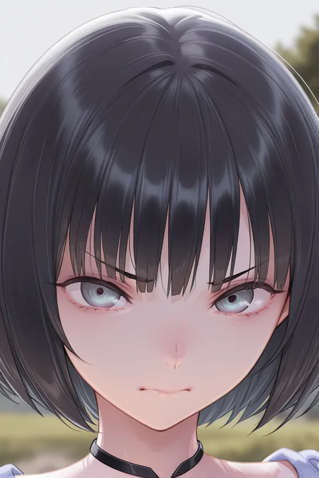 masterpiece, best quality, amazing quality,
<lora:Uta_IL:1> uta, solo, looking at viewer, black hair, portrait, short hair, blurry background, blurry, closed mouth, choker, grey eyes, bangs, close-up, bob cut, outdoors, angry look