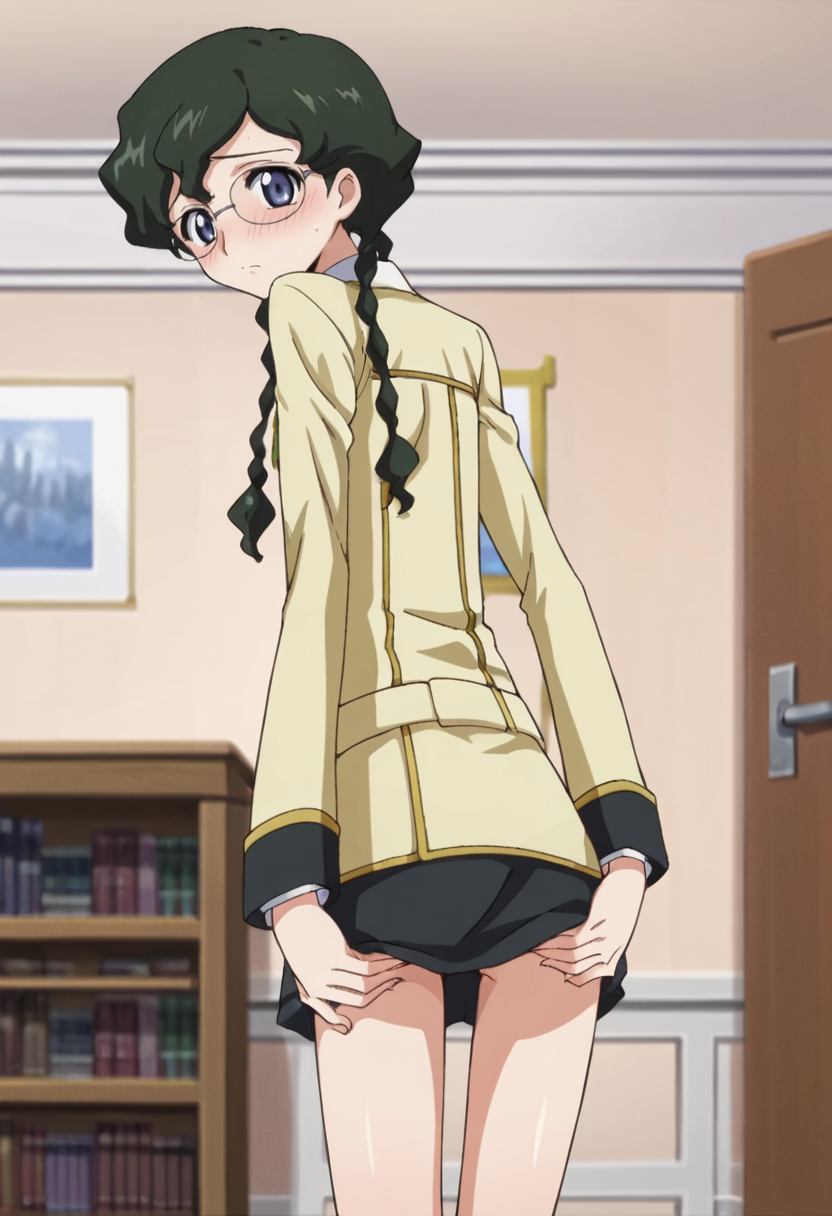 score_9,score_8_up,score_7_up,anime coloring BREAK source_anime,anime,<lora:Nina_Einstein_Code_Geass:0.8>,ninar1,1girl,solo,blue eyes,green hair,braid,twin braids,glasses,necktie,skirt,ashford academy school uniform,kneehighs,blush,embarrass,flustered,standing,hand on butt,skirt pull,indoors,room,looking at viewer,looking back,from behind,