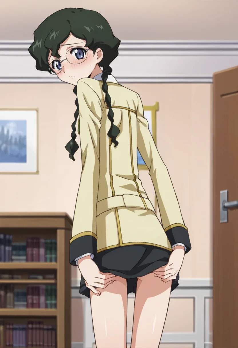 score_9,score_8_up,score_7_up,anime coloring BREAK source_anime,anime,<lora:Nina_Einstein_Code_Geass:0.8>,ninar1,1girl,solo,blue eyes,green hair,braid,twin braids,glasses,necktie,skirt,ashford academy school uniform,kneehighs,blush,embarrass,flustered,standing,hand on butt,skirt pull,indoors,room,looking at viewer,looking back,from behind,