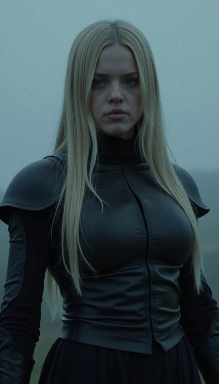 Dvd screengrab, from 1982 dark fantasy film, woman 15 years old, Blonde, wearing armor black