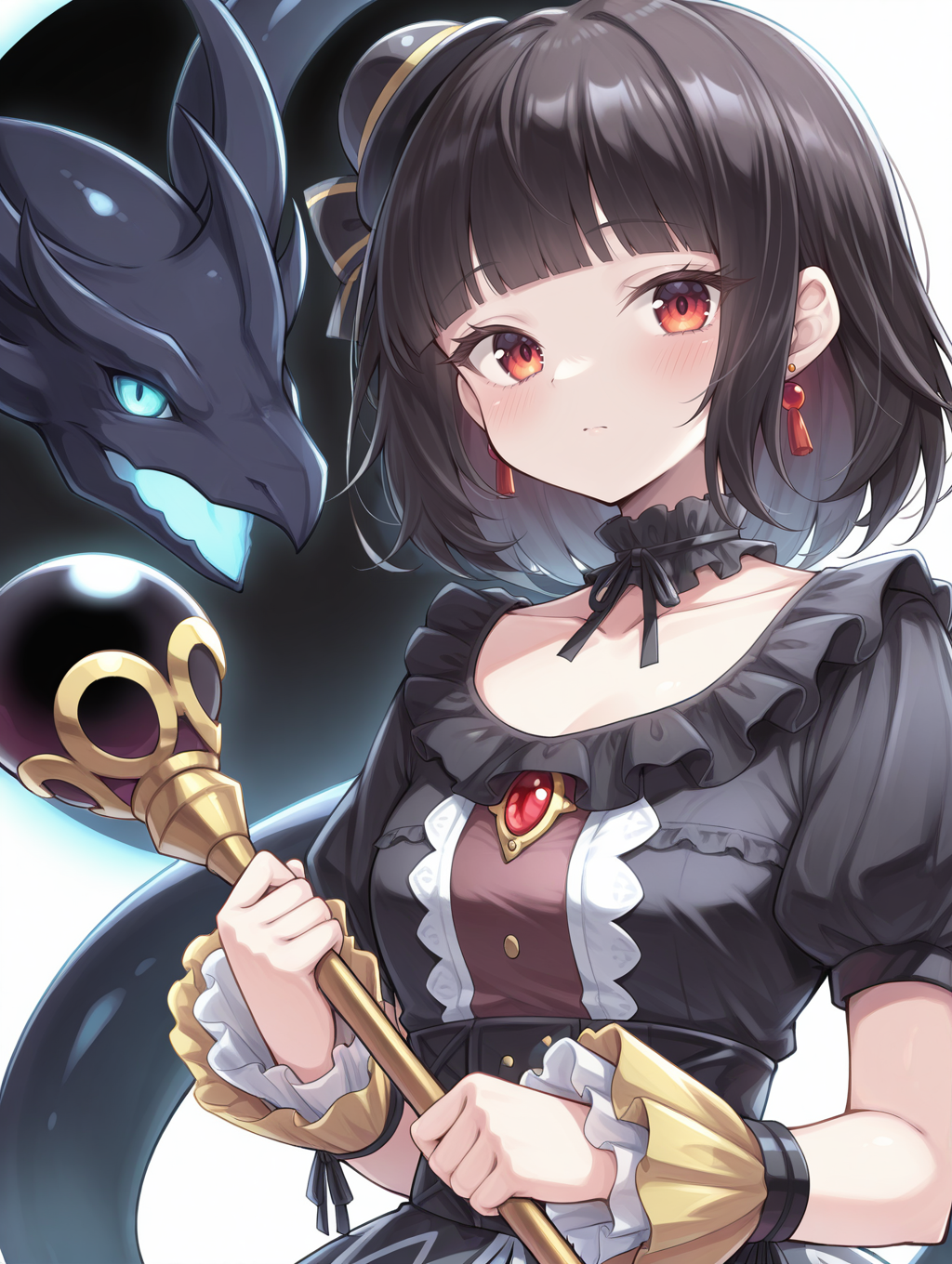 blunt bangs,moon of the closed heaven,1girl,solo,red earrings,holding staff,staff,looking at viewer,upper body,closed mouth,blush,collarbone,black frilled choker,black mini hat,black princess dress,yellow wrist cuffs,solar eclipse,black dragon,1other,
masterpiece,best quality,amazing quality,very aesthetic,apussbsurdres,newest,<lora:Moon of the Closed Heaven illuXL v1.1:0.72>,