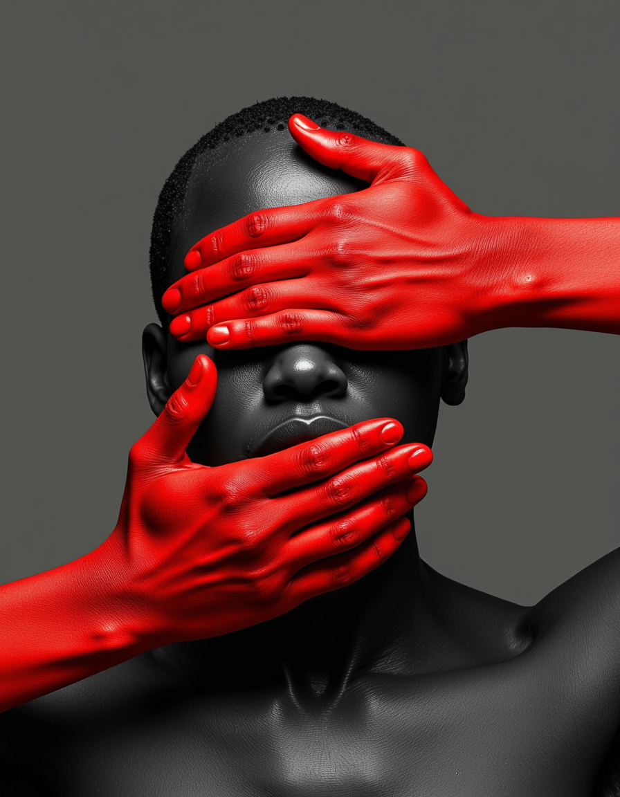 This image is a compelling piece of conceptual art that uses minimalist elements to evoke powerful emotions and themes. The interplay of smooth monochromatic tones with the vivid, textured red of the hands creates a striking visual dichotomy that emphasizes control, suppression, and vulnerability. The piece is hauntingly effective in communicating its underlying themes, prompting a visceral and reflective response from the viewer.