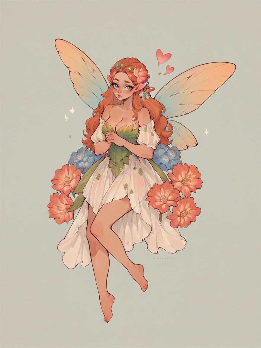 score_9, score_8_up, score_7_up, score_6_up, score_5_up, score_4_up,   <lora:s0ftf41ryXLP:0.6> s0ftf41ry, large flower, fairy, curvy, ginger hair, 1girl, pink, blue, hearts