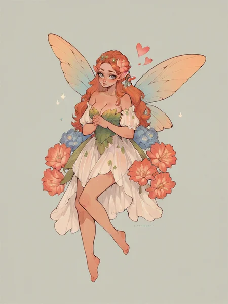 score_9, score_8_up, score_7_up, score_6_up, score_5_up, score_4_up, <lora:s0ftf41ryXLP:0.6> s0ftf41ry, large flower, fairy, curvy, ginger hair, 1girl, pink, blue, hearts